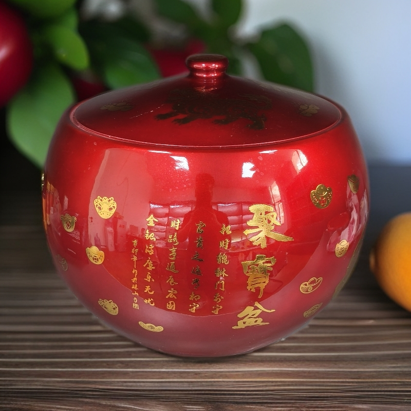 XD-ZH-XD3303麒麟纹招财进宝红色米缸-20斤 非遗底款+底座