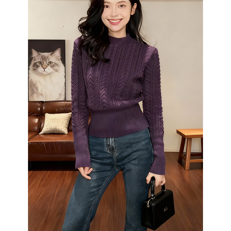  麻花小立领收腰厚款毛针织衫女秋冬新款软糯时尚毛衣
