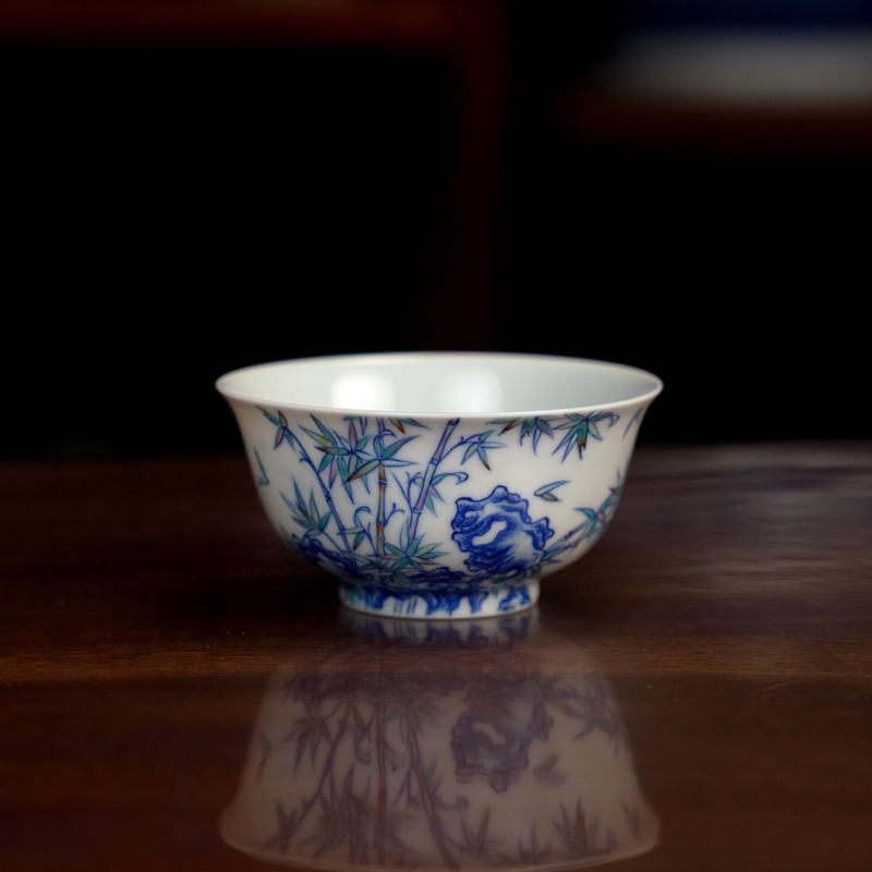 空山明月新斗彩竹子主人杯青花斗彩撇口单杯茶碗精致茶器茶具杯子