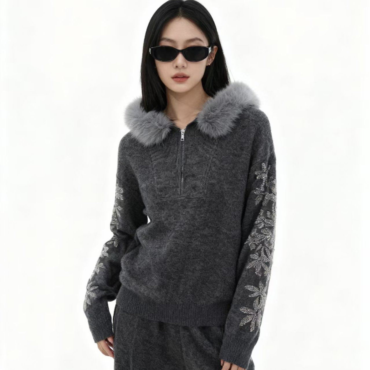 时尚重工烫钻套头帽衫宽松半拉链针织衫-9640-A331