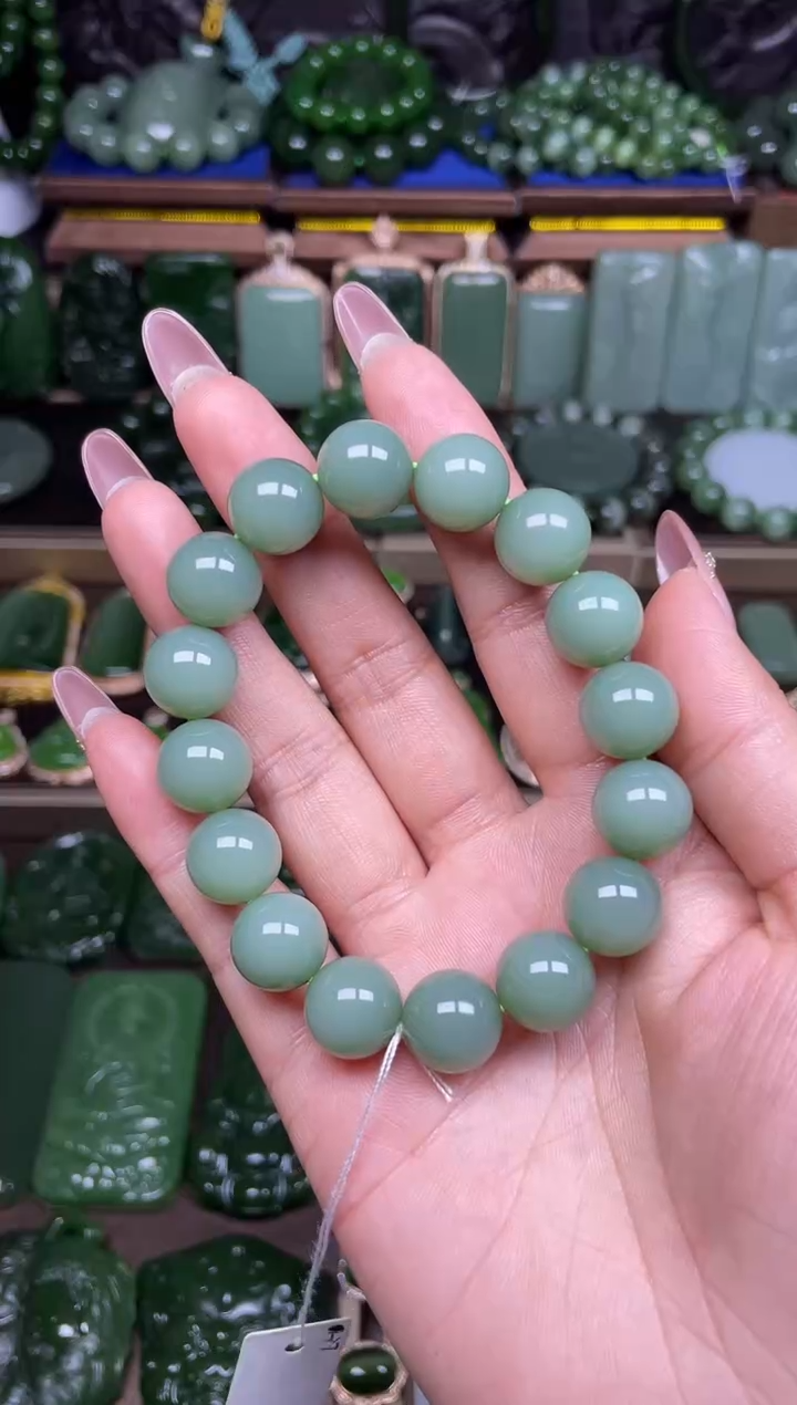 【闪购商品】和田玉手串粉青未镶嵌珠子直径13