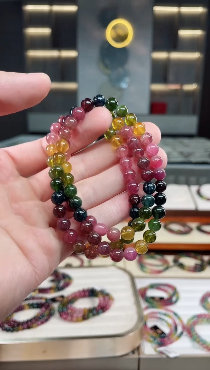 未镶嵌冰透体老矿碧玺彩虹三圈手串6mm+碧玺多样性发一条xion