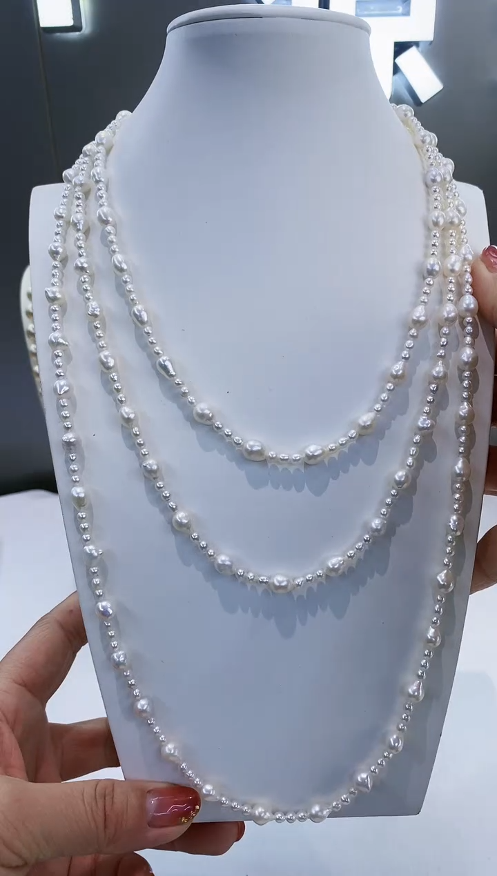 颈饰银S925镶嵌淡水珍珠Y淡水毛衣链