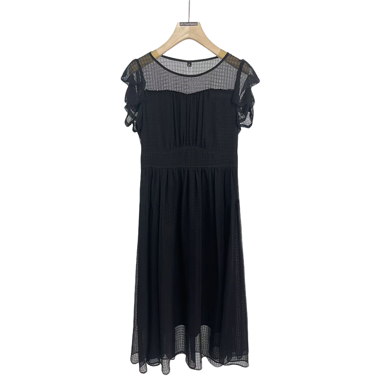 【可乐妈宠粉】JX849黑色镂空2025百搭洋气款夏季短袖中长款裙