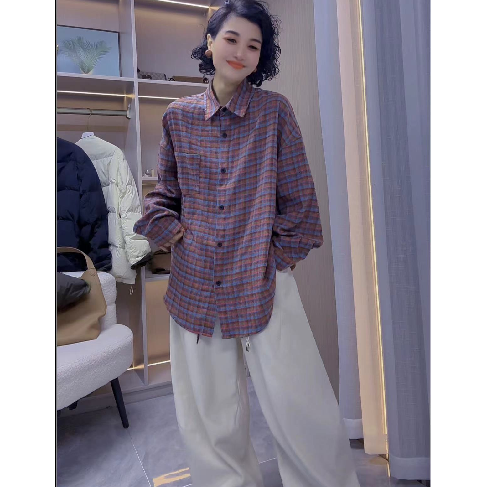 冬季新款磨毛韩版格纹复古风衬衫宽松休闲百搭彩色衬衫