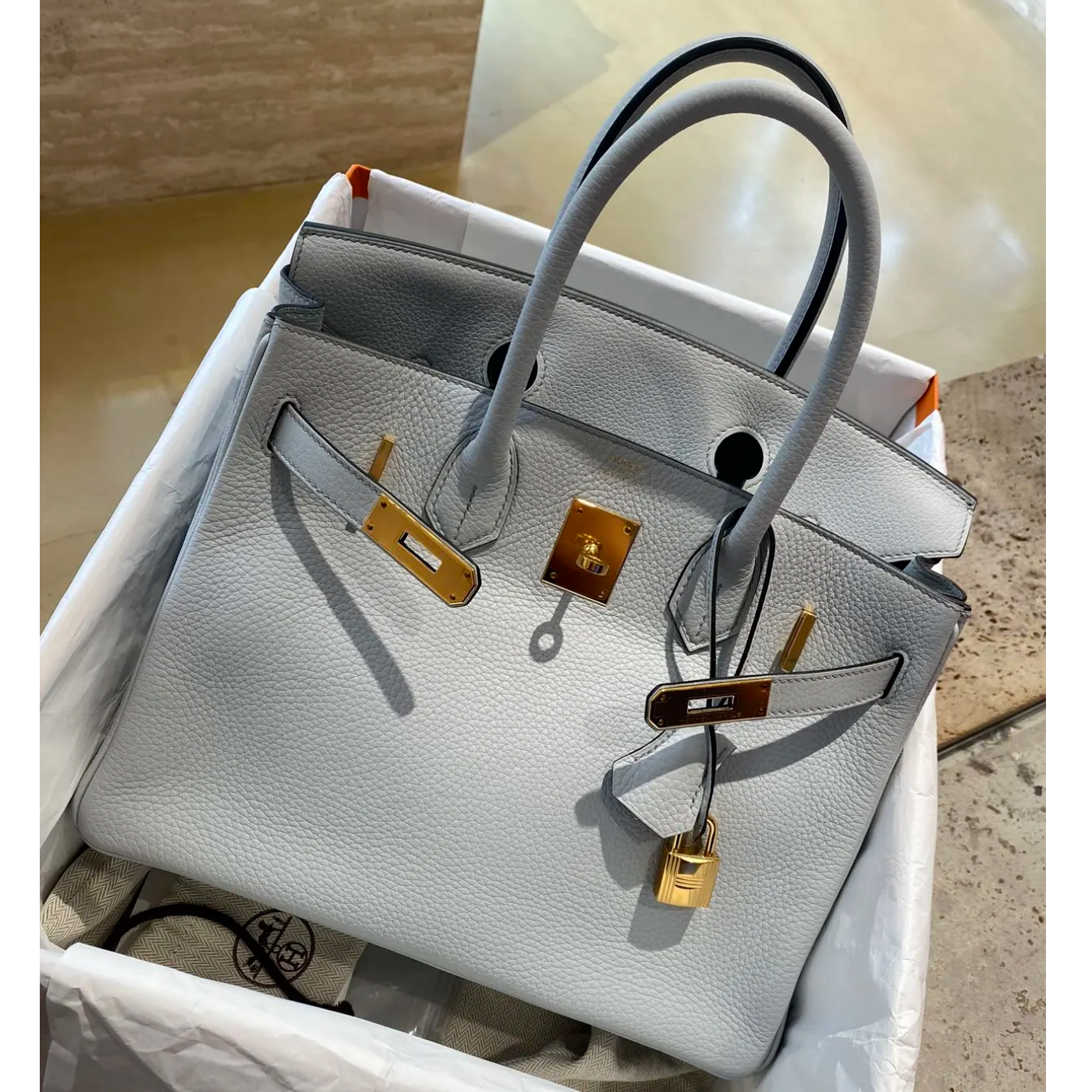 99新 Hermes/爱马仕 小花6珊 Birkin 30 圣杯蓝 Togo皮 Z刻金扣包