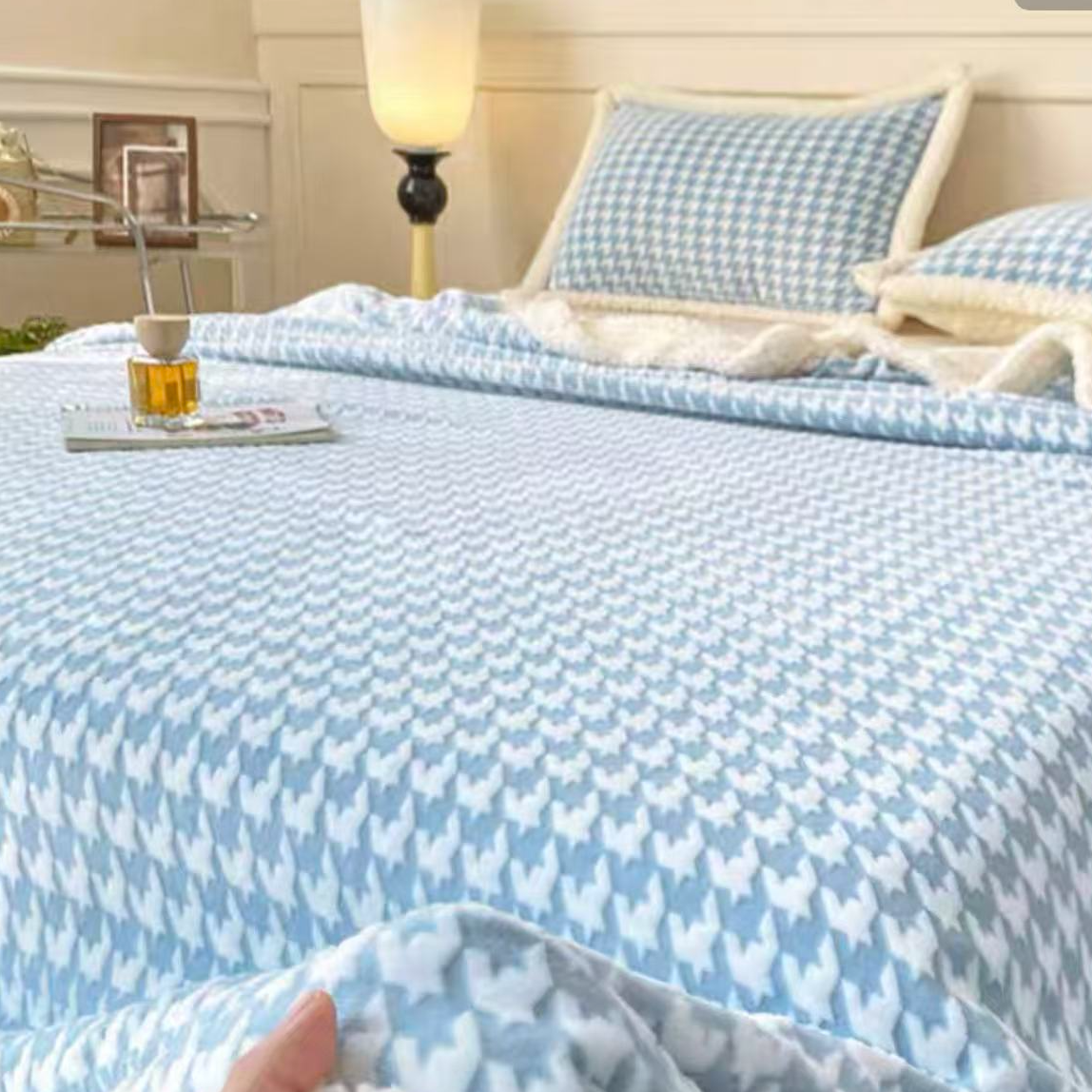 【蓝色千鸟格】休闲毯双面加厚简约珊瑚绒毛毯200*180