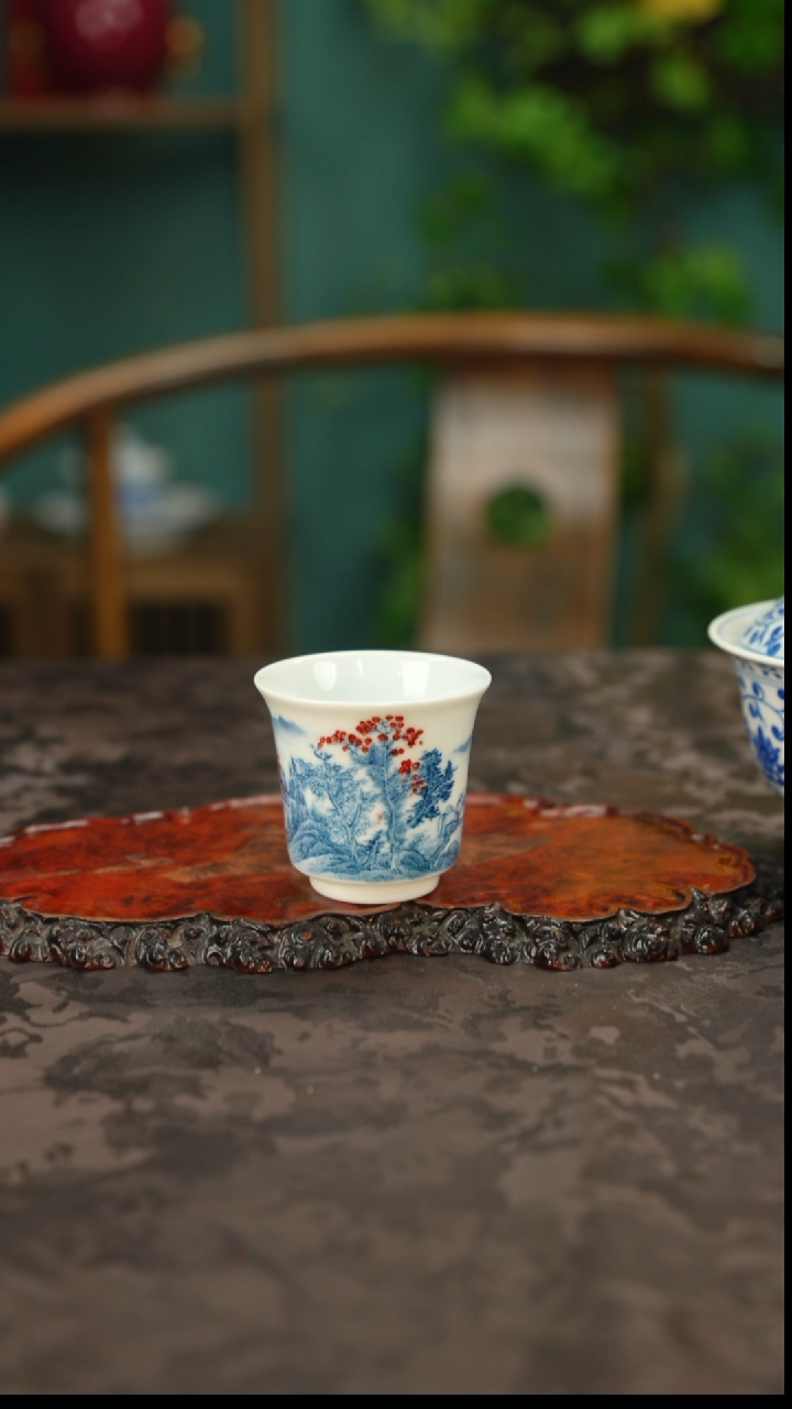 谢凯山坊手绘山水釉里红主人杯