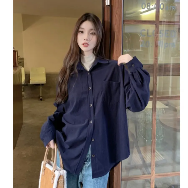 纯色简约白色宽松衬衫女新款气质Polo领设计感长袖开衫上衣休闲