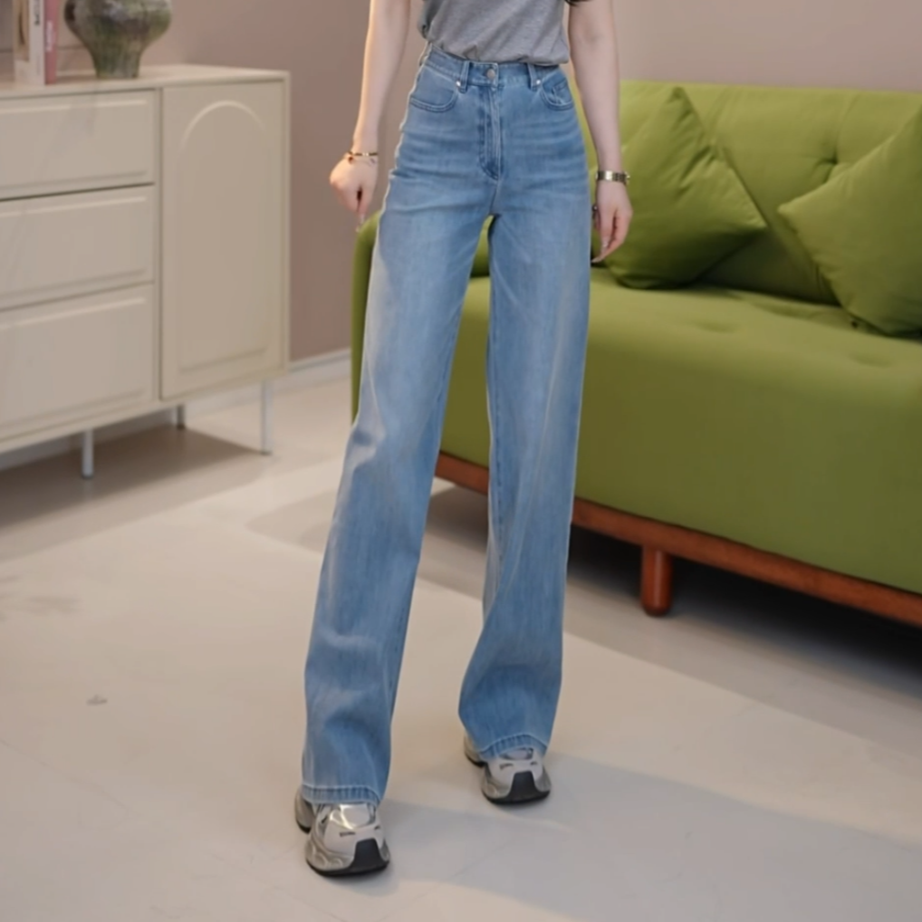 AMASS/阿玛施新款百搭直筒裤丹宁风高腰显瘦显高牛仔裤5100388