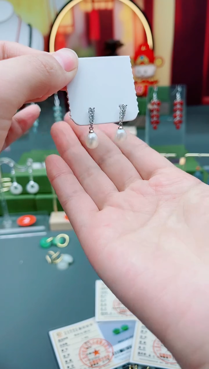 银S925镶嵌耳饰淡水珍珠白色珍珠