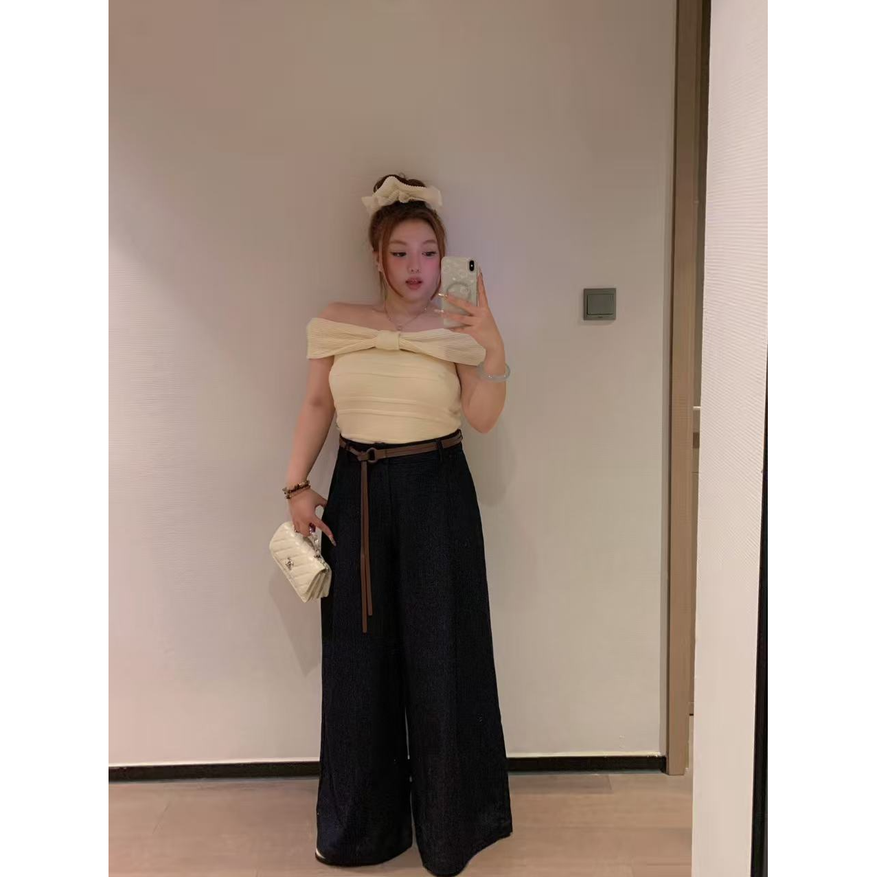 慧芝huizhi 38209蝴蝶结一字肩毛衣 定制款 千金少女风微胖毛衣