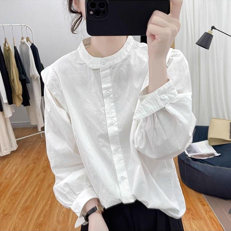 立领纯棉灯笼袖长袖衬衫女2025秋新款韩系宽松上衣复古打底衫衬衣