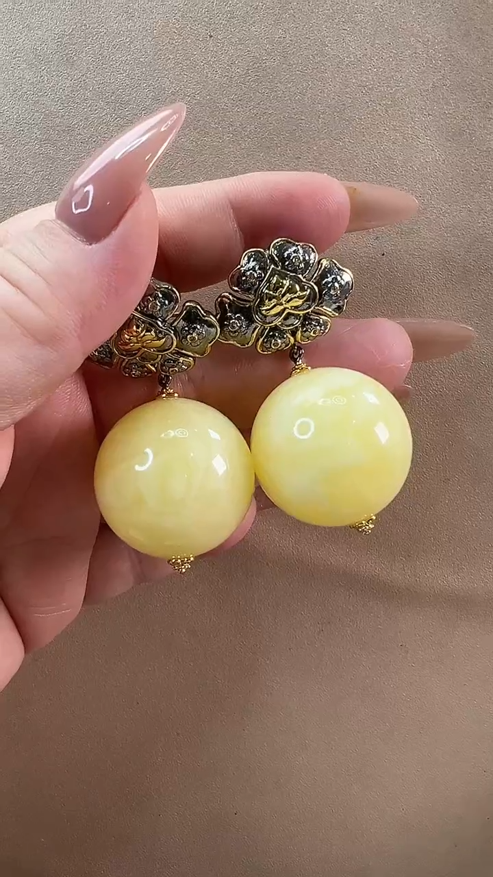 【闪购商品】琥珀耳饰银S925镶嵌耳环