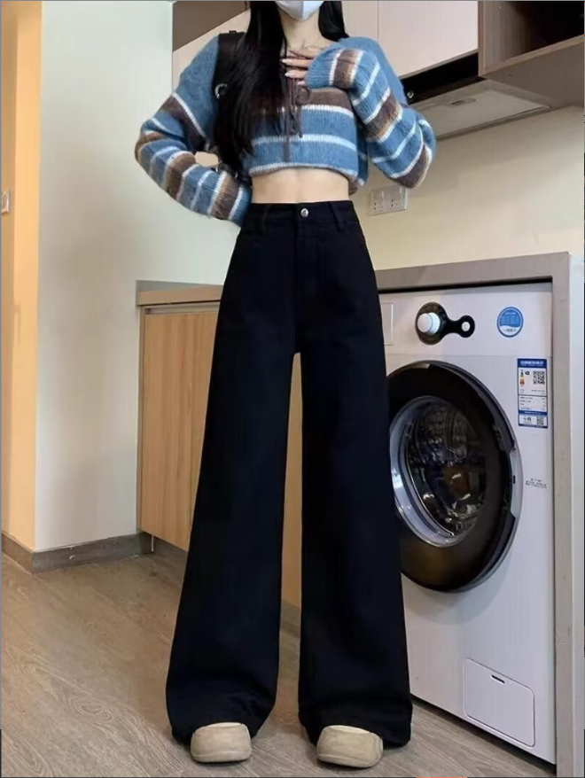 【28】2025秋冬新款高腰百搭女裤子显腿长美式黑色宽松牛仔裤