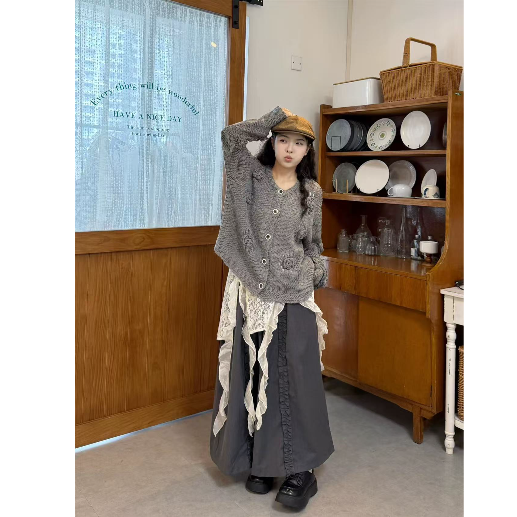 【有运补】复古日系花朵毛衣外套叠穿不规则罩衫休闲阔腿裤三件套