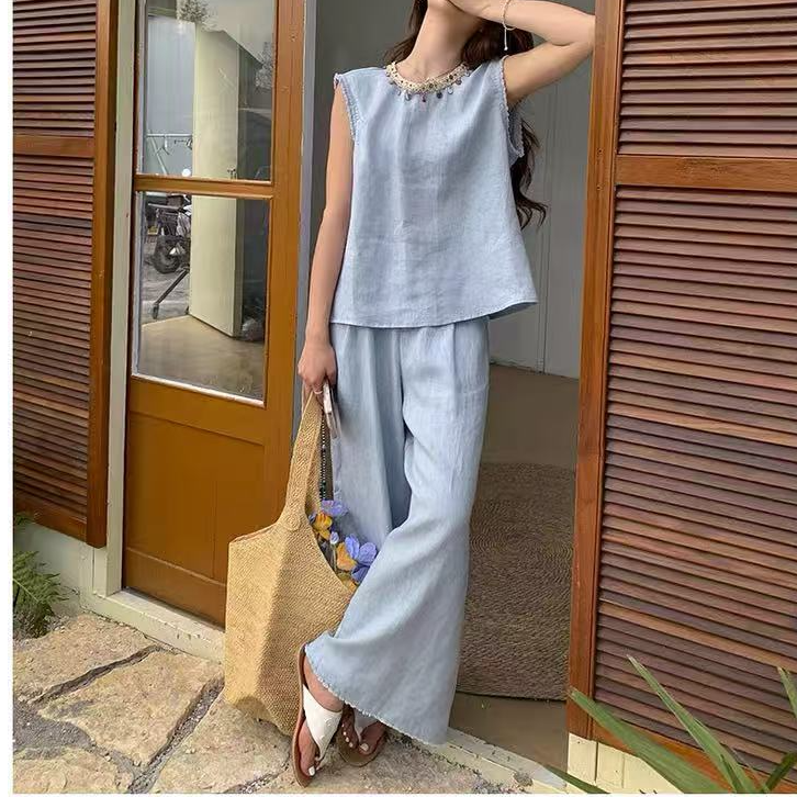 高级感洋气炸街无袖波西米亚风上衣阔腿裤套装H7555