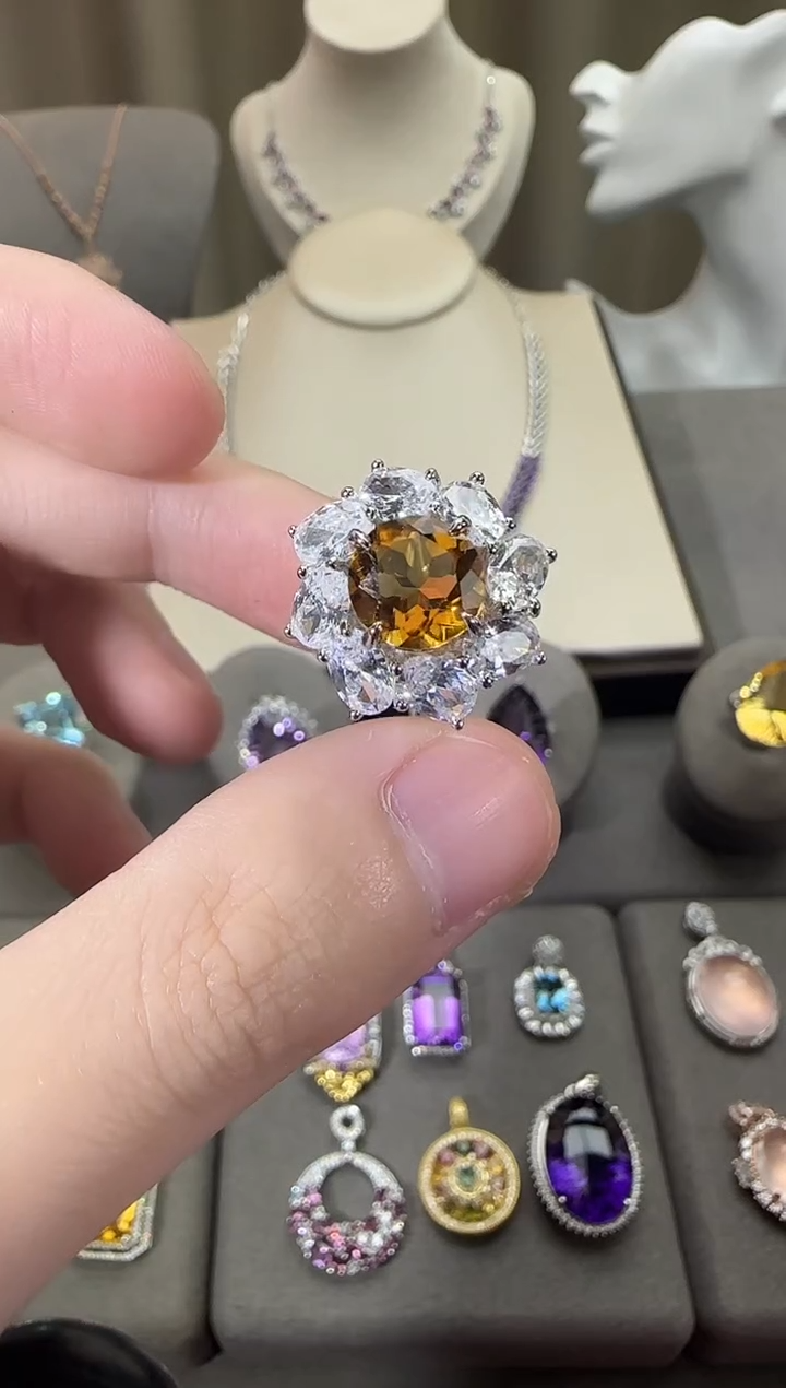 银S925镶嵌戒指黄晶10mm戒指高级款