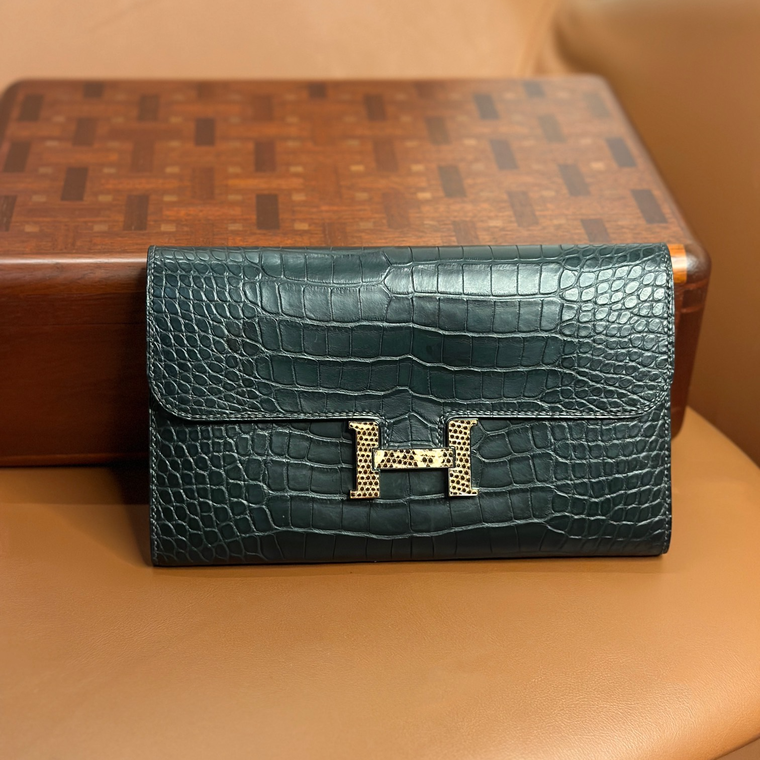 未使用 Hermes/爱马仕 7姐/专场canstance康康长钱包松柏绿鳄鱼皮