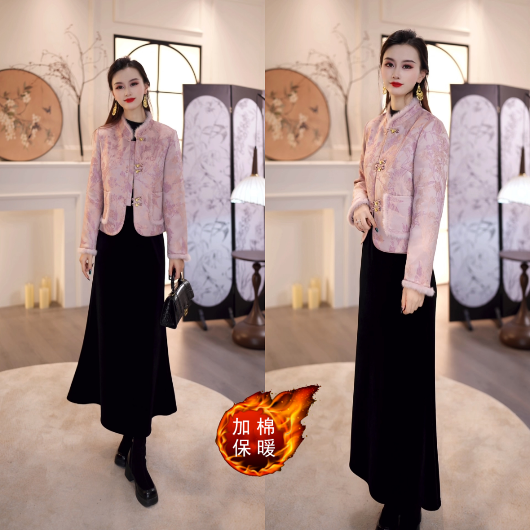2025冬款蝶舞花间新中式提花气质复古外套+金丝绒半裙两件套M-4XL
