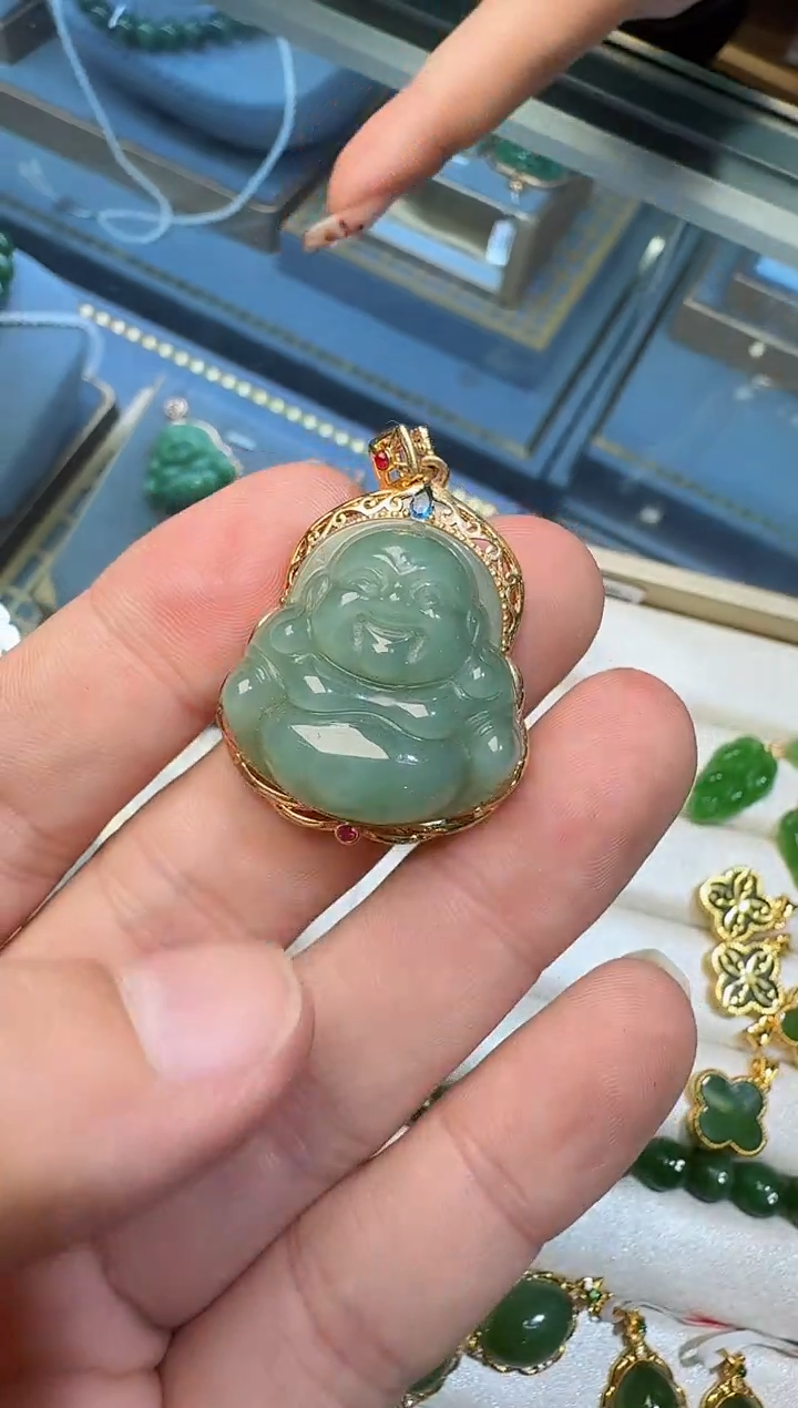 【闪购商品】和田玉吊坠(不含链)18K金镶嵌大粉青佛公 Y03 不含链
