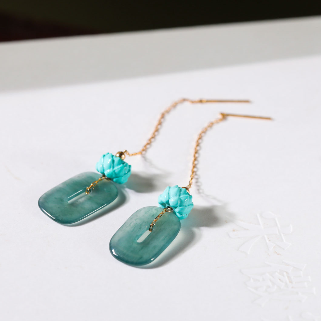 【意婵】天然高品冰油老蓝水翡翠耳饰18k金绿松石-911591