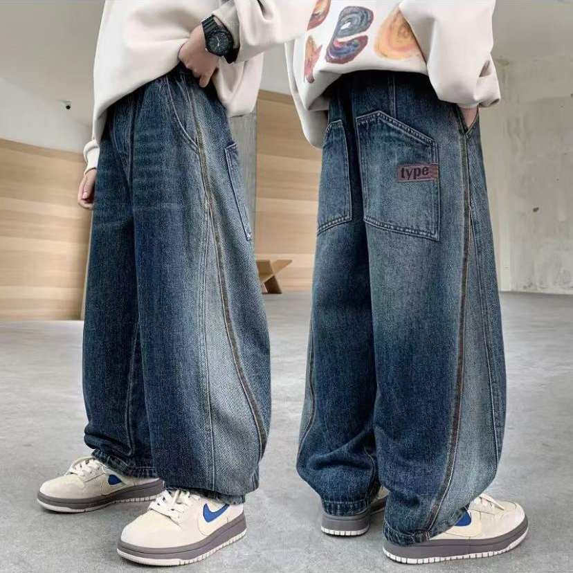 秋上新~2025新款港风中大童洋气宽松时尚韩版牛仔裤00317