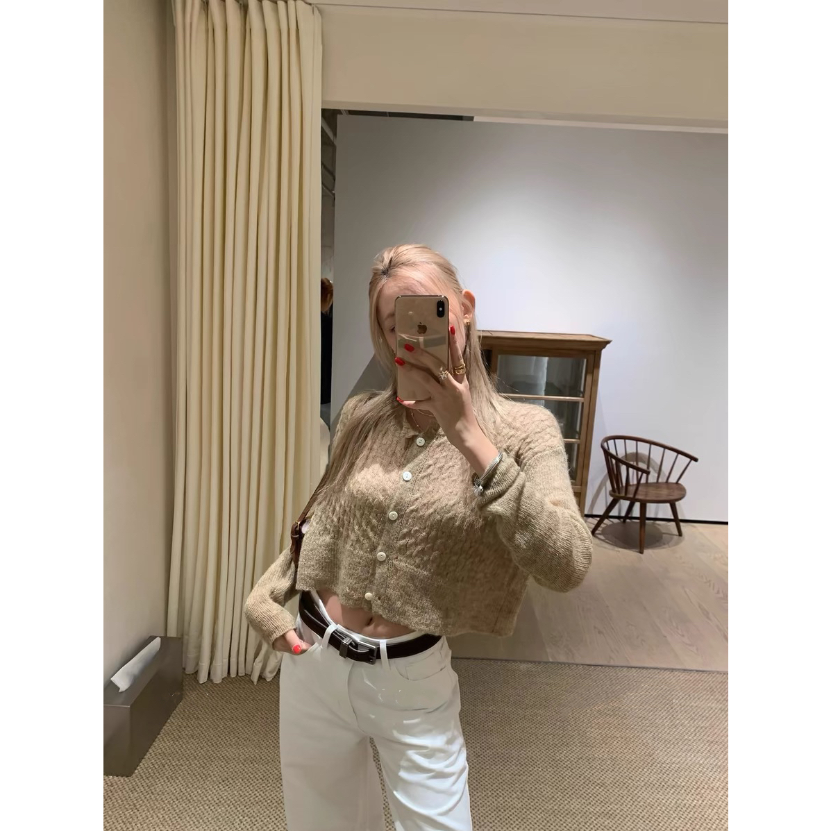 茶墨花咖 短款长袖针织开衫女秋2025新款圆领百搭修身上衣D673
