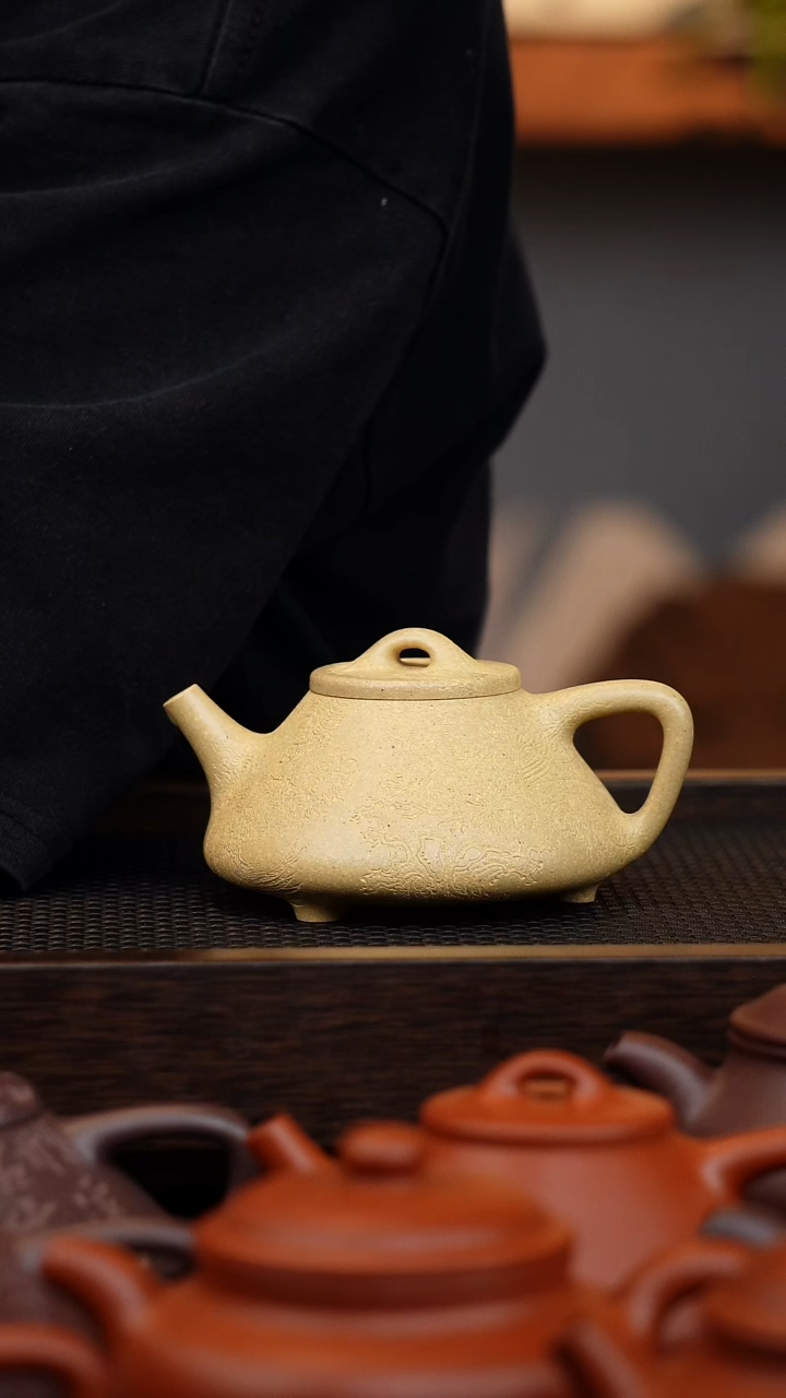 茶壶紫砂子冶 大水潭至纯本绿 170cc 刻绘凤求凰 