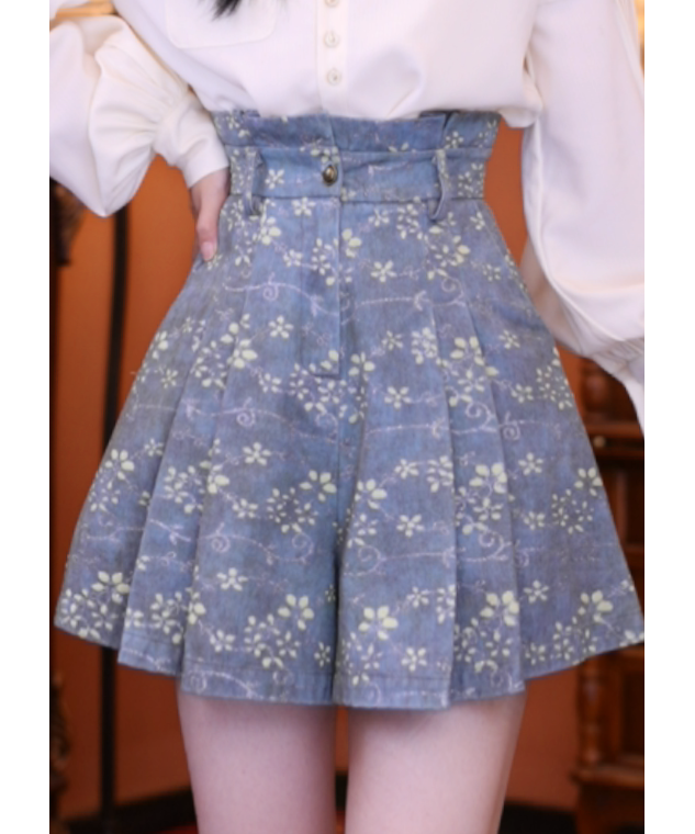 豆芽【青花瓷】复古百搭显瘦高腰女装短裙裤01568