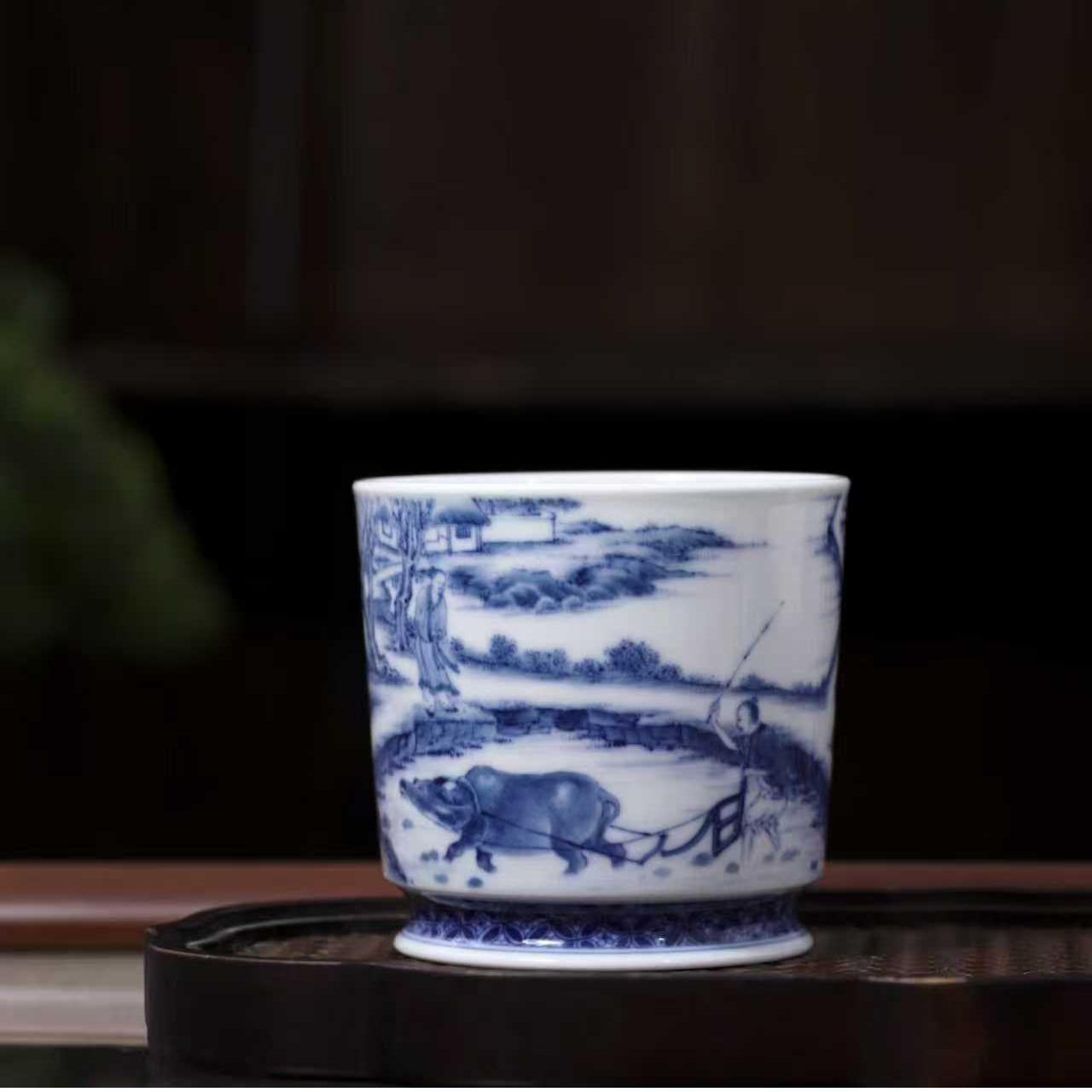 华山拙隐新品青花耕织图容天杯陶瓷主人杯