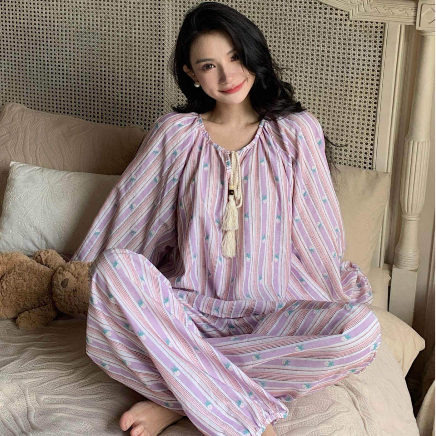 【姹紫嫣红】睡衣女绵纱秋季新款国风家居服套装可外穿长袖长裤