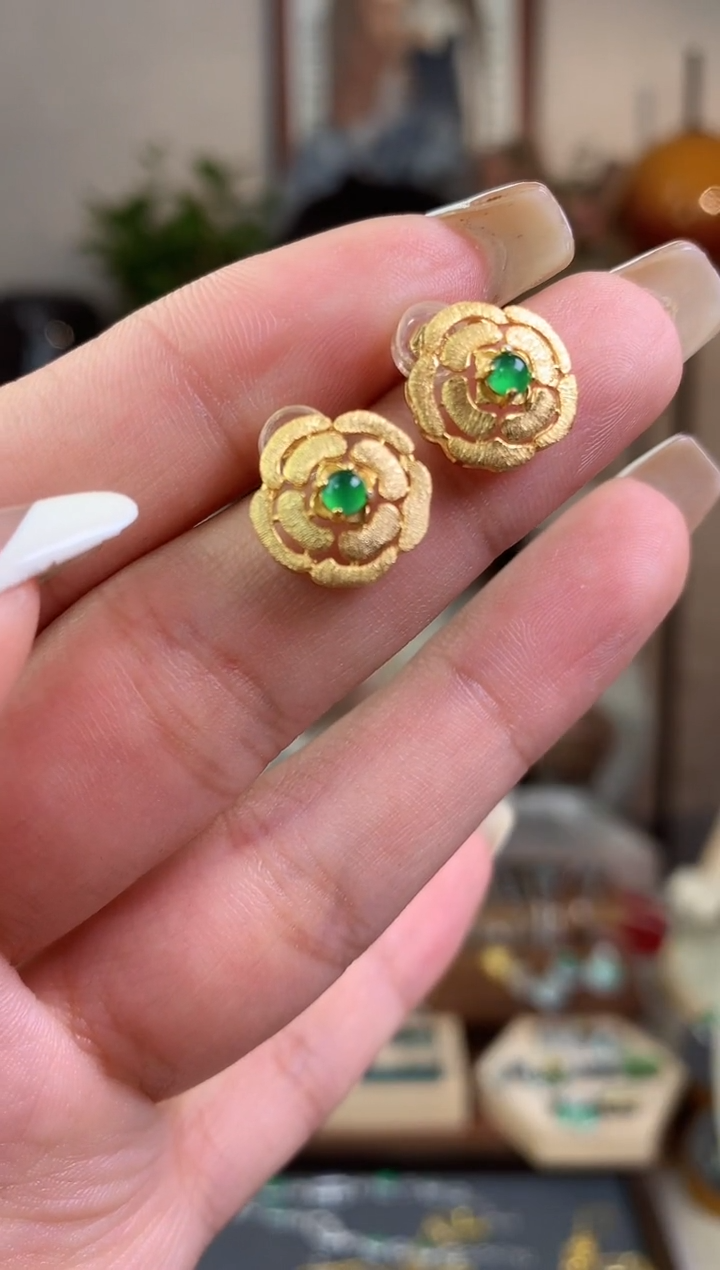 翡翠银S925镶嵌耳钉【挽石珠宝】蛋面