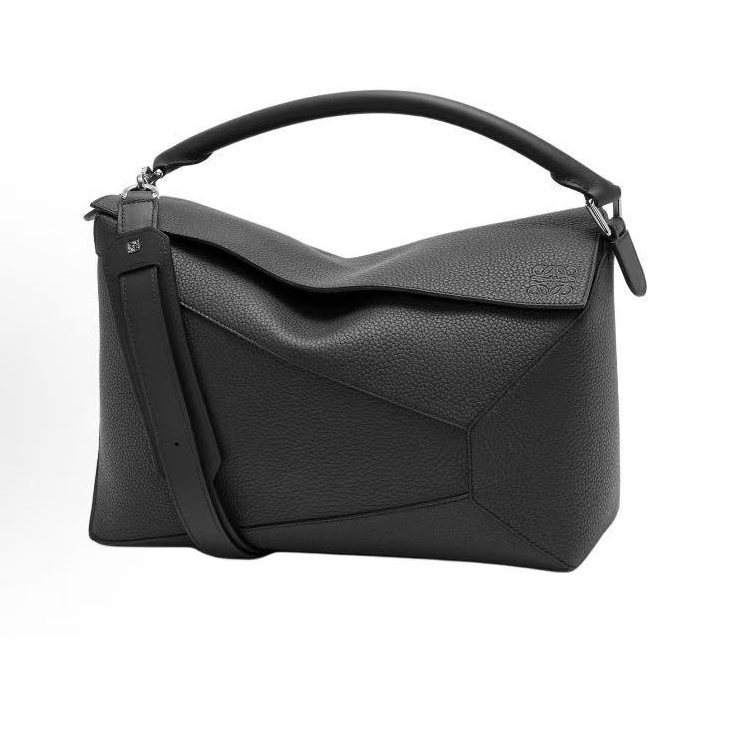 99新 LOEWE/罗意威 puzzle几何线条粒面牛皮手提斜挎包大号黑色