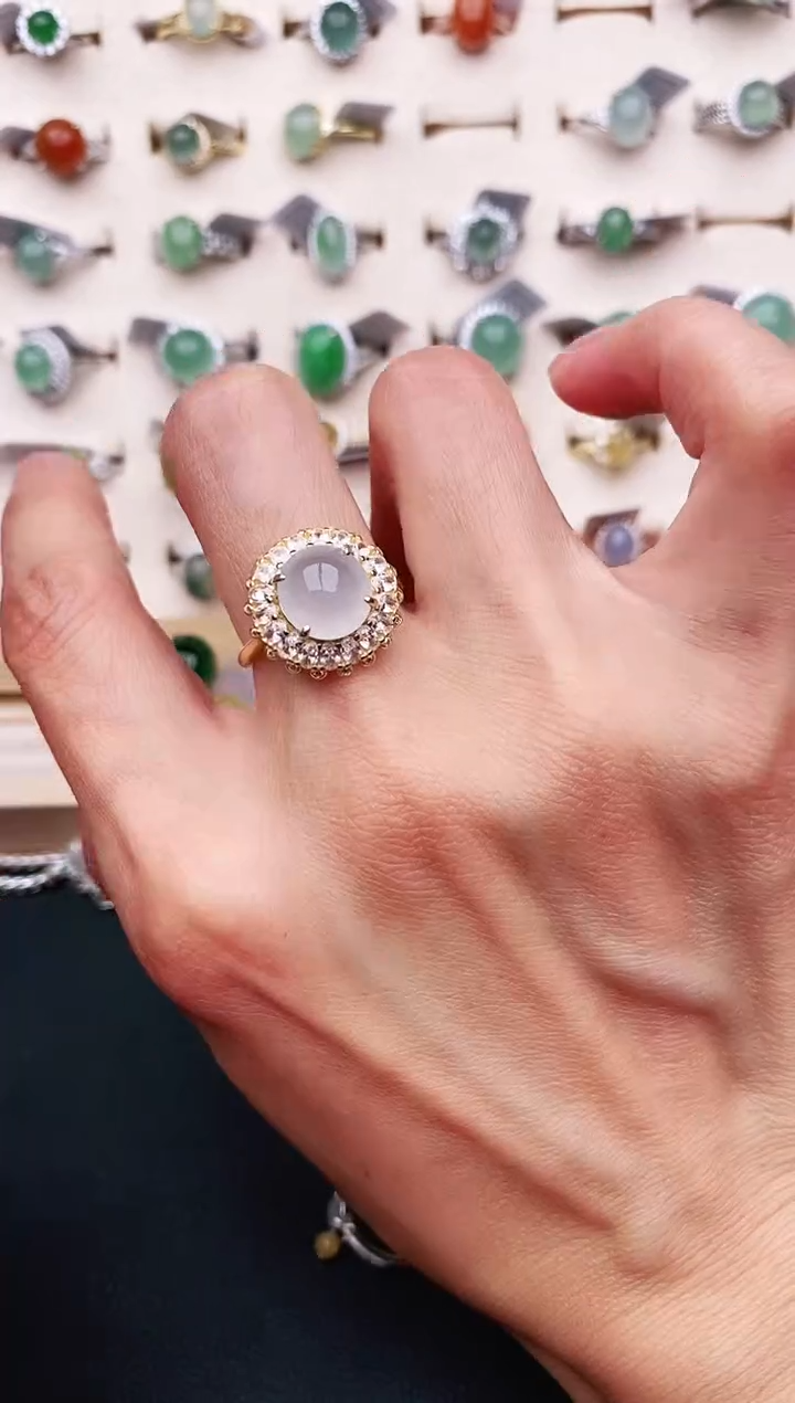 【闪购商品】翡翠戒指银S925镶嵌天然缅甸A货翡翠444   3-7