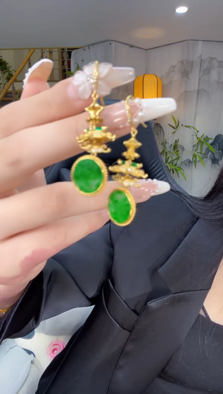 【闪购商品】翡翠耳饰银S925镀金镶嵌天然缅甸翡翠A货耳钩