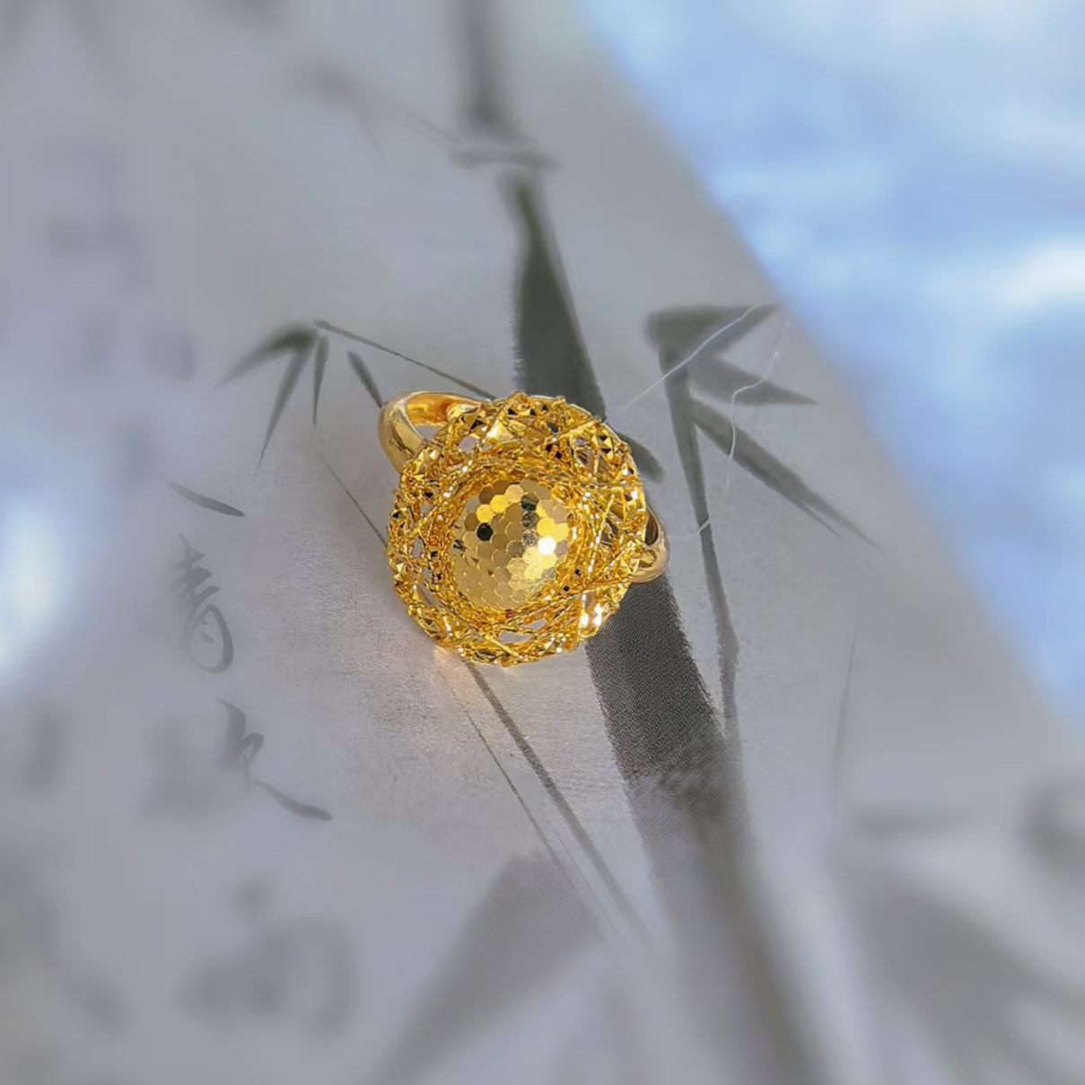 [赛菲尔万足】足金鱼鳞金5G鸟巢鸽子蛋黄金女士戒指