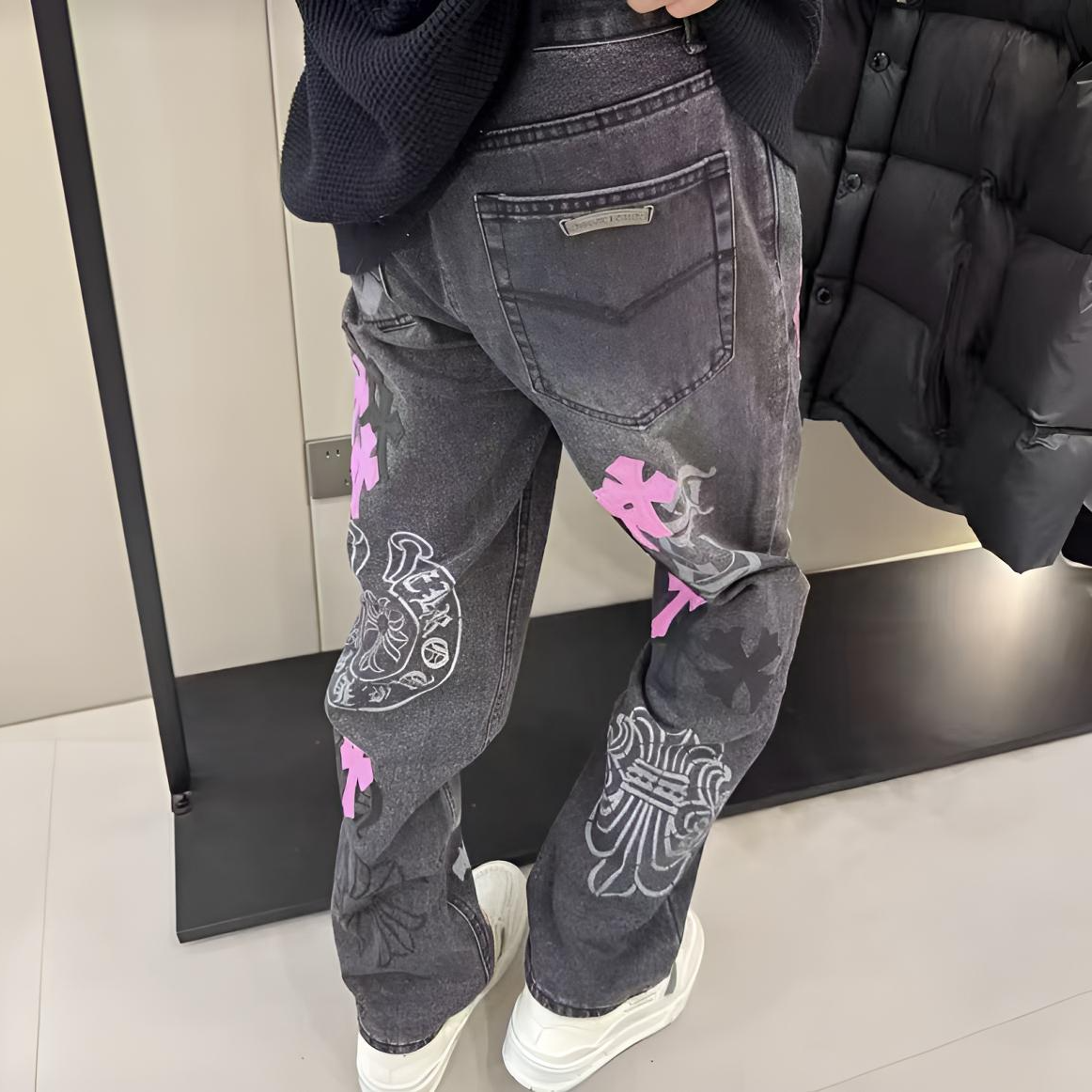【西塔】轻奢潮牌十字架牛仔裤男女高街vibe裤子情侣牛仔痞帅直筒裤