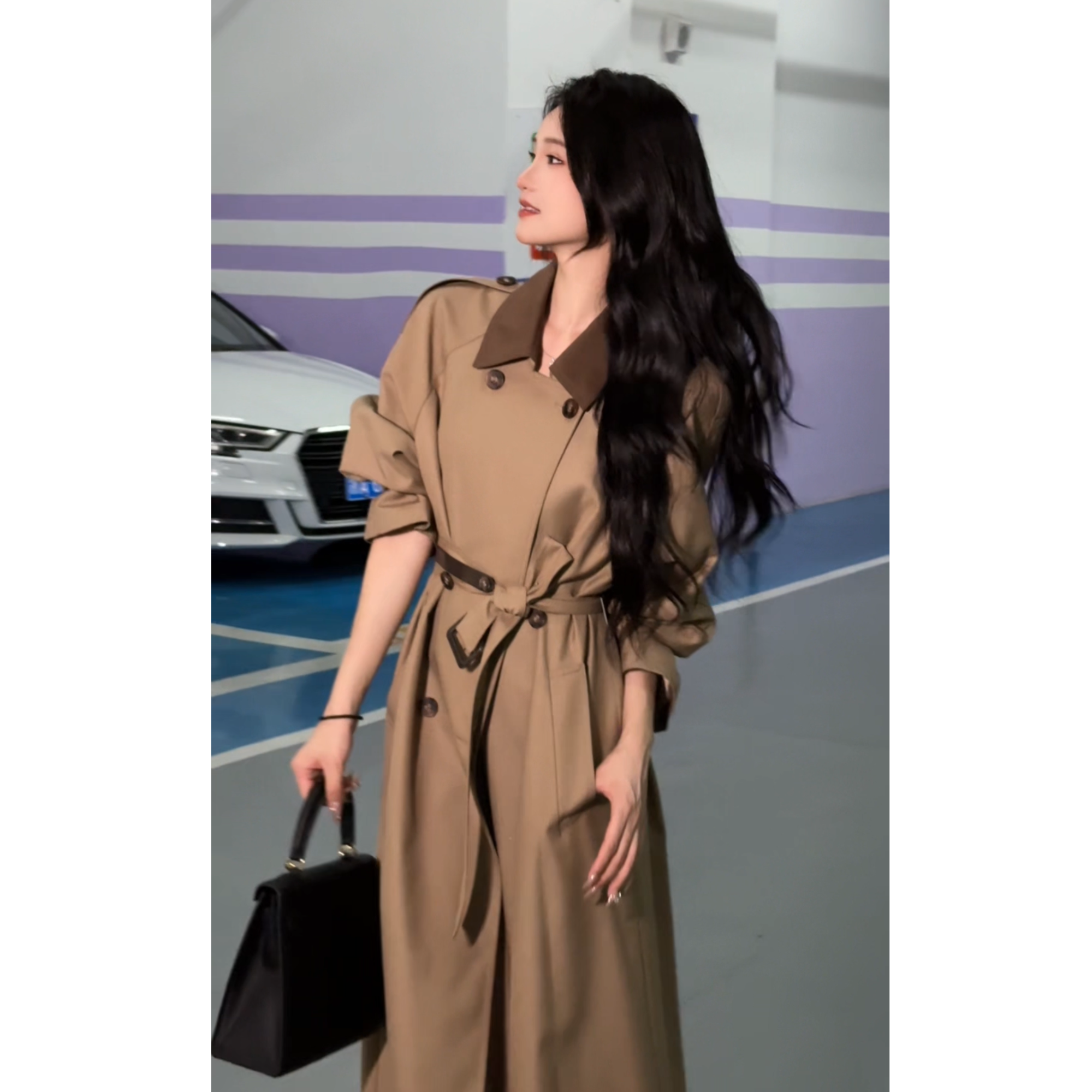 早秋新款英伦风撞色中长款风衣女2025高级感韩版显瘦气质大衣外套