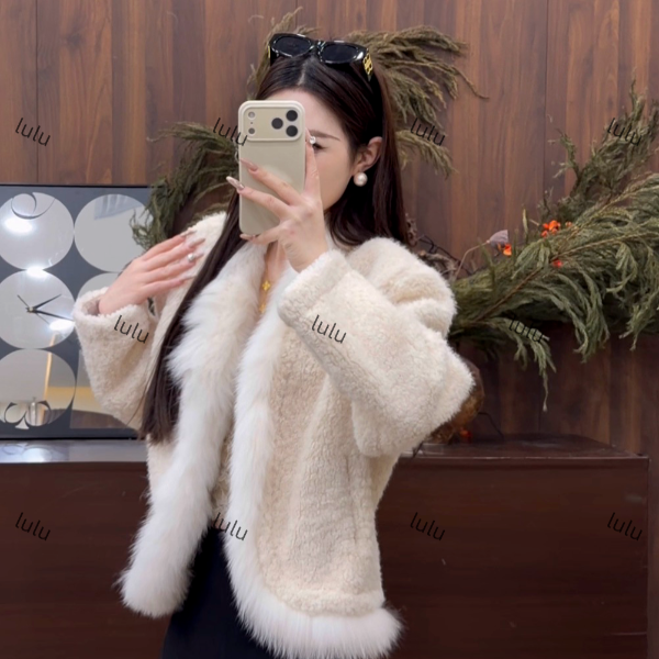 璐璐定制--2025冬季新款加厚百搭真狐狸毛领拼接仿羊羔毛保暖外套