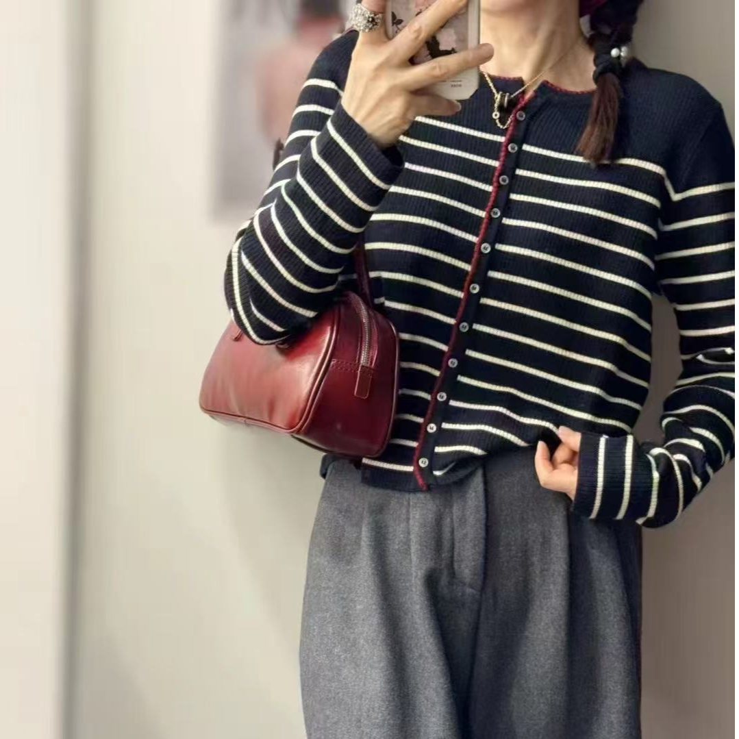 新款条纹拼色通勤长袖开衫款毛针织衫百搭上衣毛衣秋冬