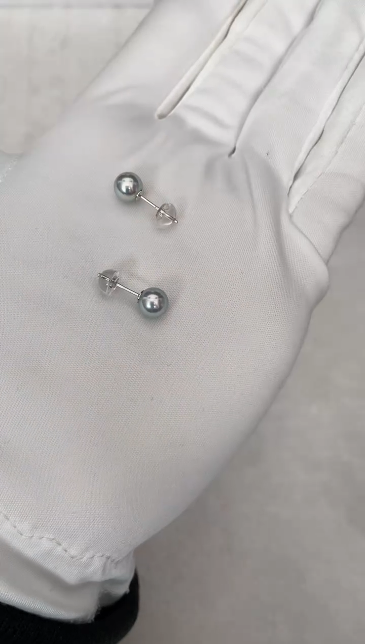 银S925镶嵌海水珍珠耳钉AK真多麻素钉6.5-7mm