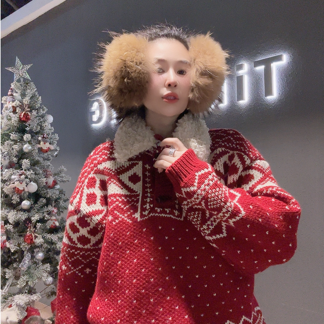 321:韩系本命年红毛衣女装网红上衣套头费尔岛毛针织衫