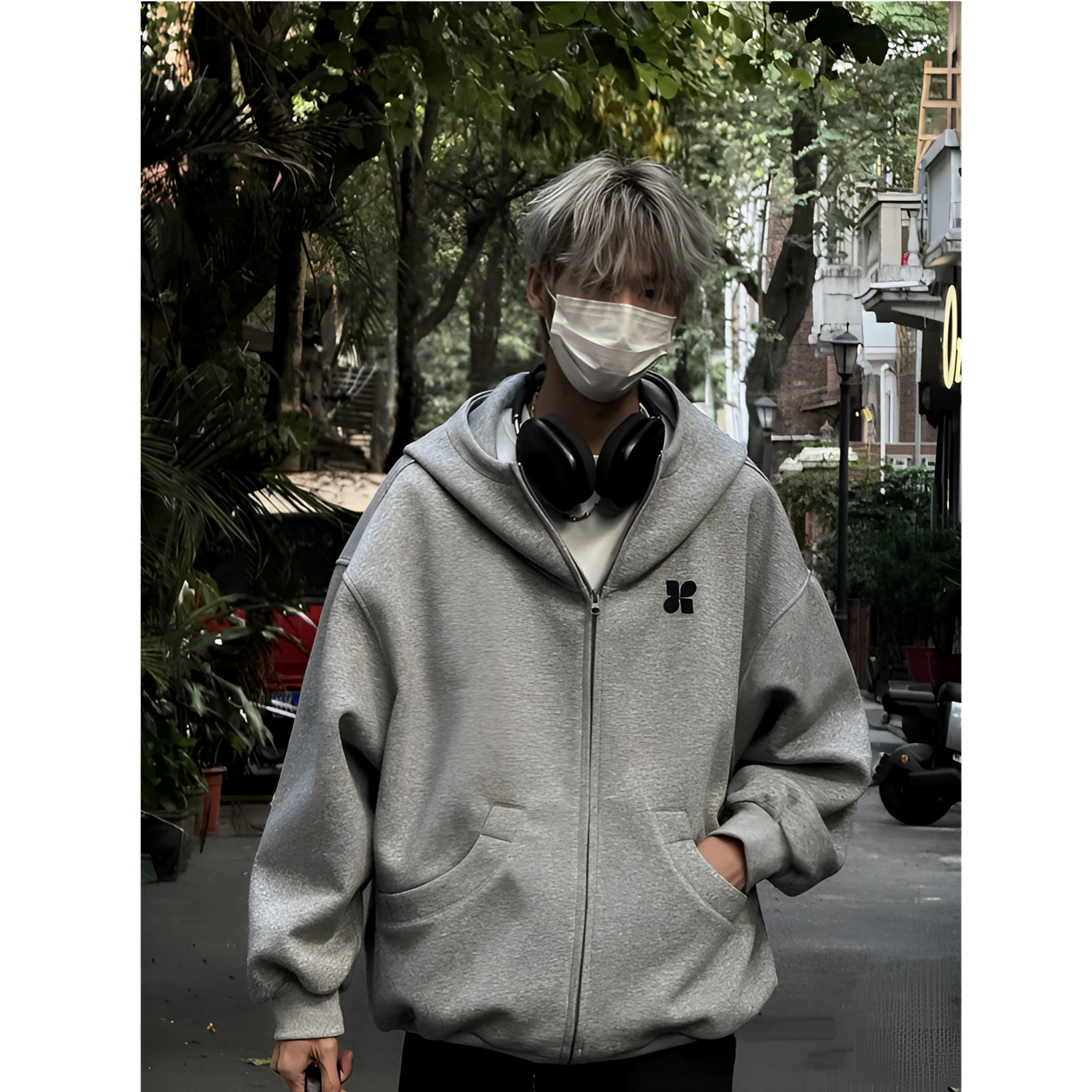 美式刺绣款几何高领开衫连帽卫衣男女秋冬季宽松百搭拉链情侣外套