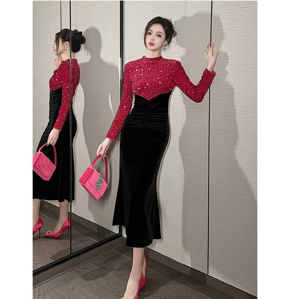 显瘦定制 红色鱼尾裙金丝半身裙显瘦蕾丝显瘦风长款21595