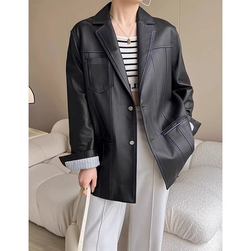 春季新款高级感真皮西装皮衣外套女廓版古着黑色绵羊皮西服外套