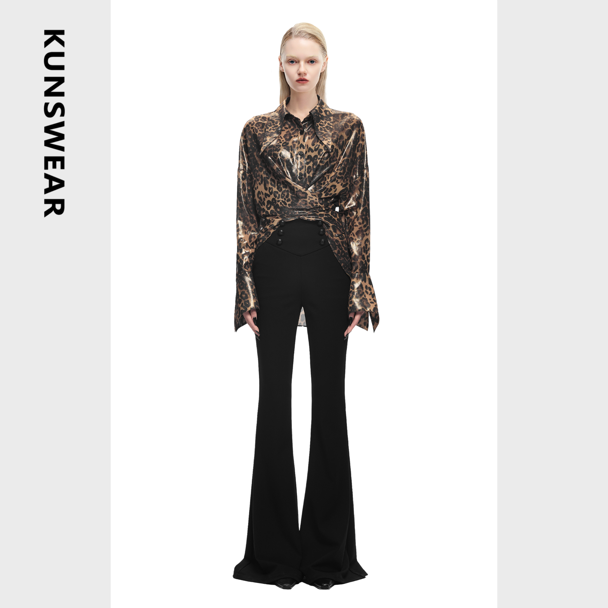 KUNSWEAR/琨丝薇尔25FA 黑色时尚复古高腰气质微喇长裤 836005010