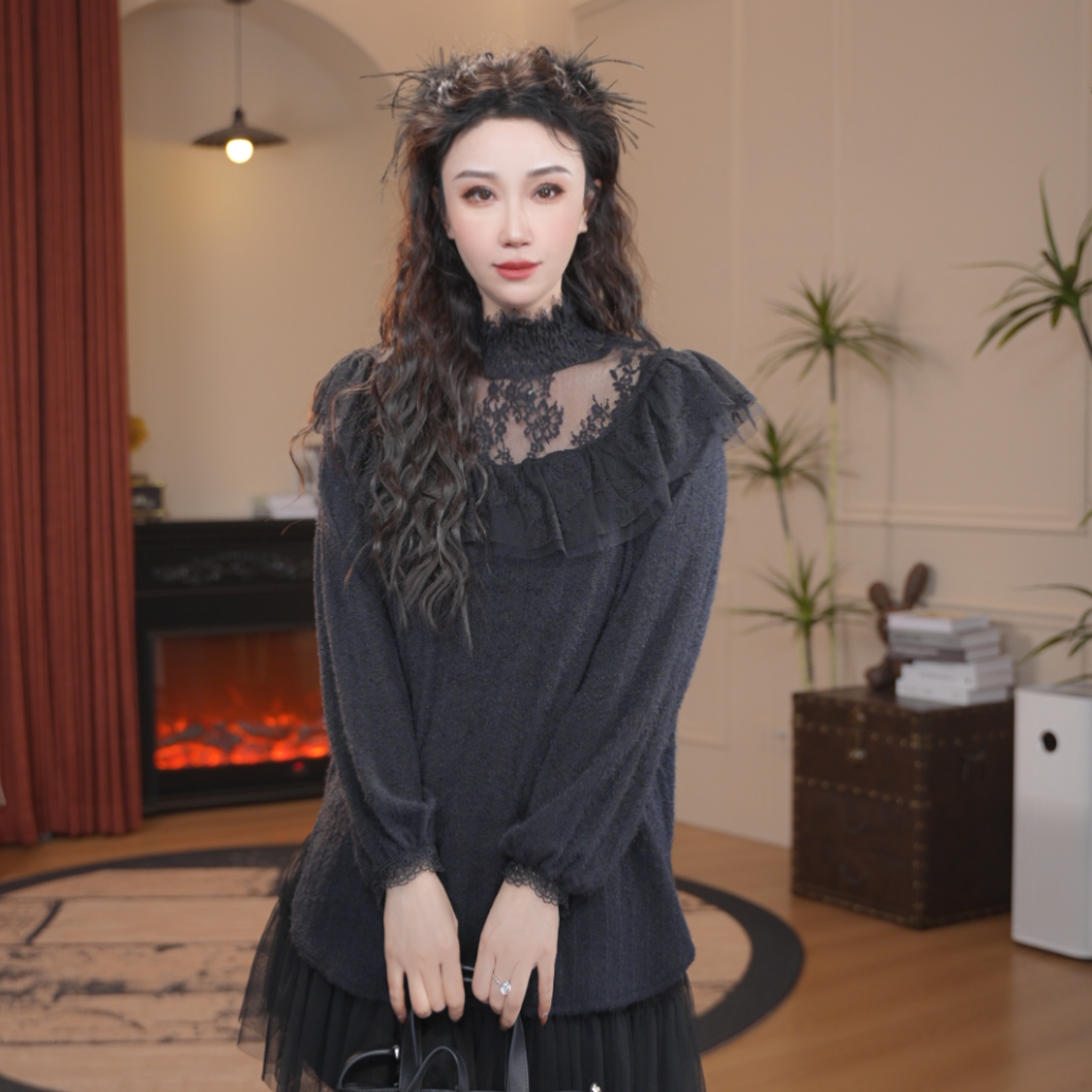 JR·雪姐·墨染芳华-D6507 高级感高领微透蕾丝拼接长袖上衣