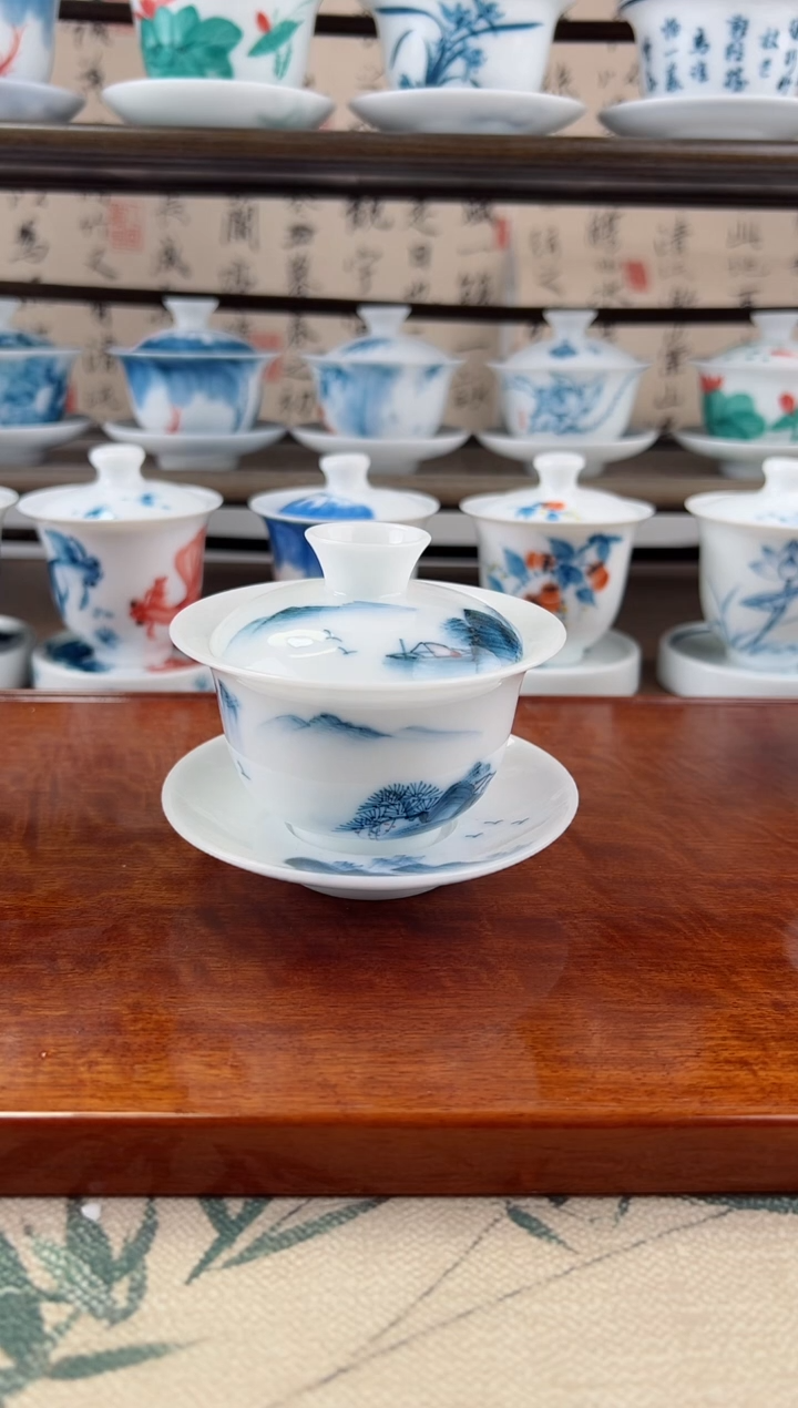 微瑕高冰千里江山130ml三才盖碗