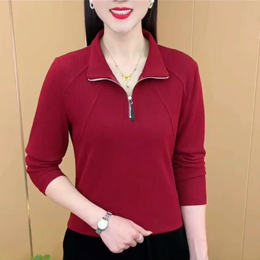 长袖上衣妈妈装春季新款上衣小衫设计感半拉链显瘦百搭爆款
